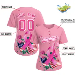 Women's Light Pink Breast Cancer Awareness Pink Ribbon Baseball Jersey 2