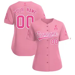 Women's Light Pink Breast Cancer Awareness Pink Ribbon Baseball Jersey 1