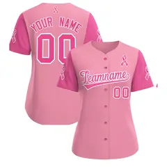 Women's Light Pink Breast Cancer Awareness Pink Ribbon Baseball Jersey 1