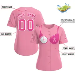 Women's Light Pink Breast Cancer Awareness Pink Ribbon Baseball Jersey 2