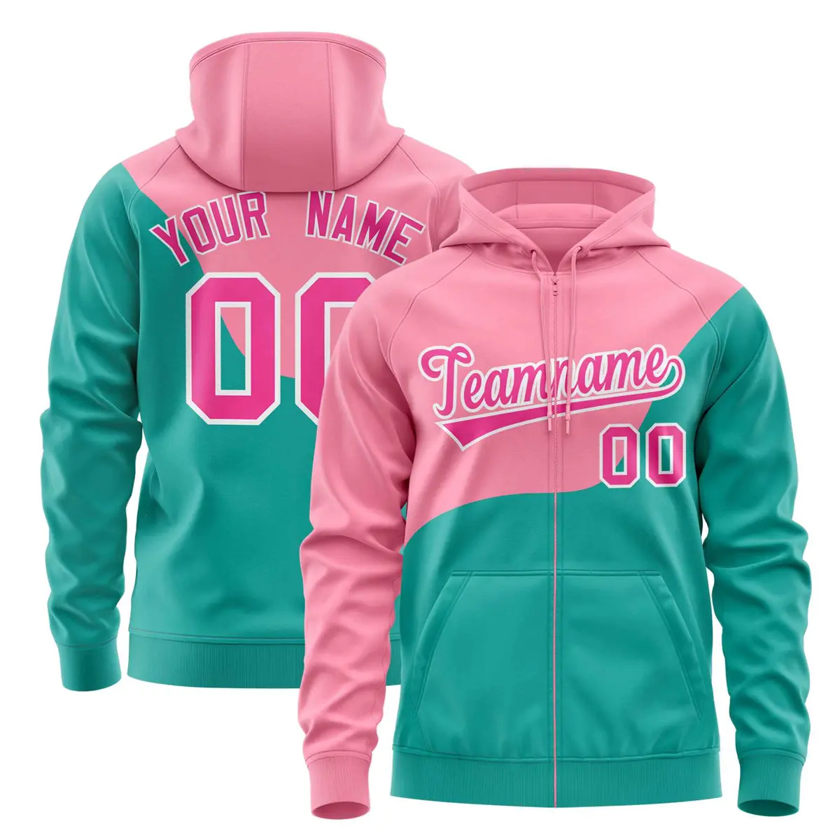 Light Pink Bright Green Color Block Wave Varsity Letterman Jacket Hoodie