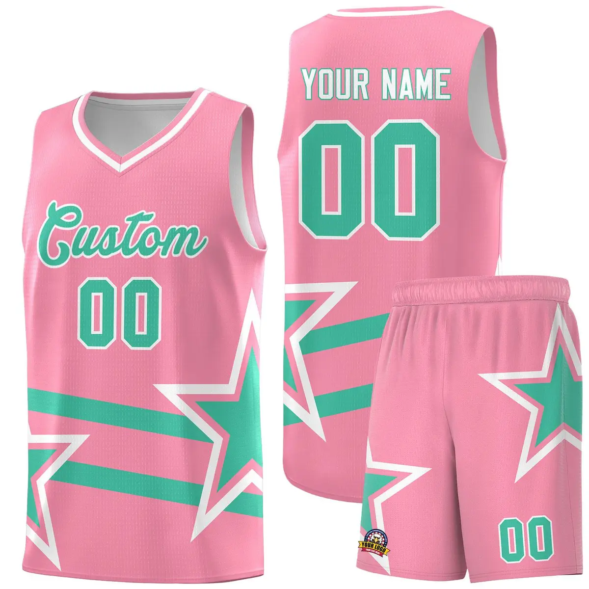 Light Pink Bright Green Star Pattern Double Lines Basketball Kit