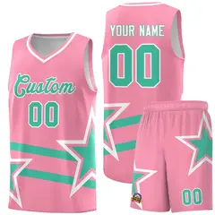 Light Pink Bright Green Star Pattern Double Lines Basketball Kit 1