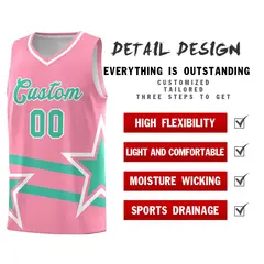 Light Pink Bright Green Star Pattern Double Lines Basketball Kit 2