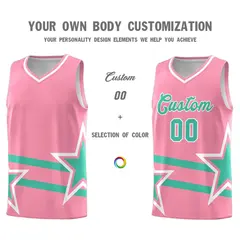 Light Pink Bright Green Star Pattern Double Lines Basketball Kit 3