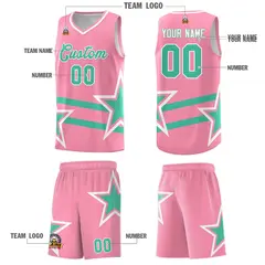 Light Pink Bright Green Star Pattern Double Lines Basketball Kit 5