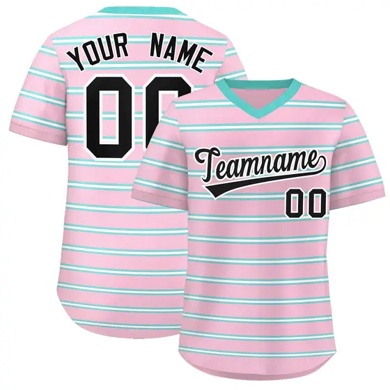 Light Pink Bright Green-White Horizontal Stripe Pullover Baseball Jersey