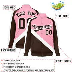 Light Pink Brown Raglan Varsity Full-Snap Letterman Baseball Jacket 2