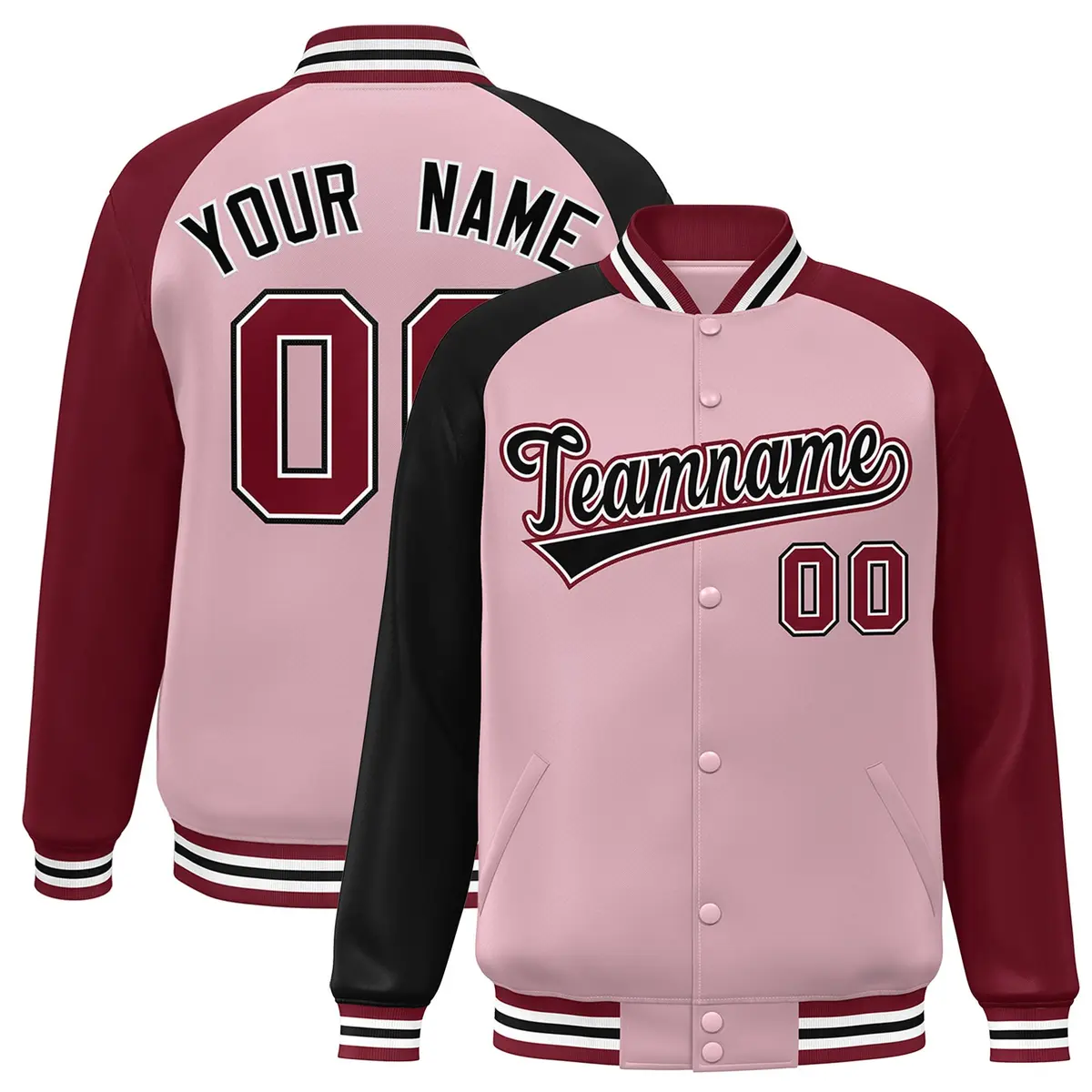 Light Pink Crimson-Black Varsity Full-Snap Raglan Letterman Bomber Jacket