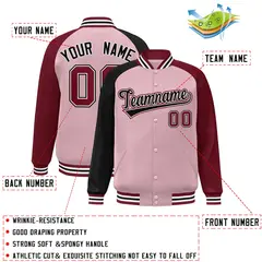 Light Pink Crimson-Black Varsity Full-Snap Raglan Letterman Bomber Jacket 2