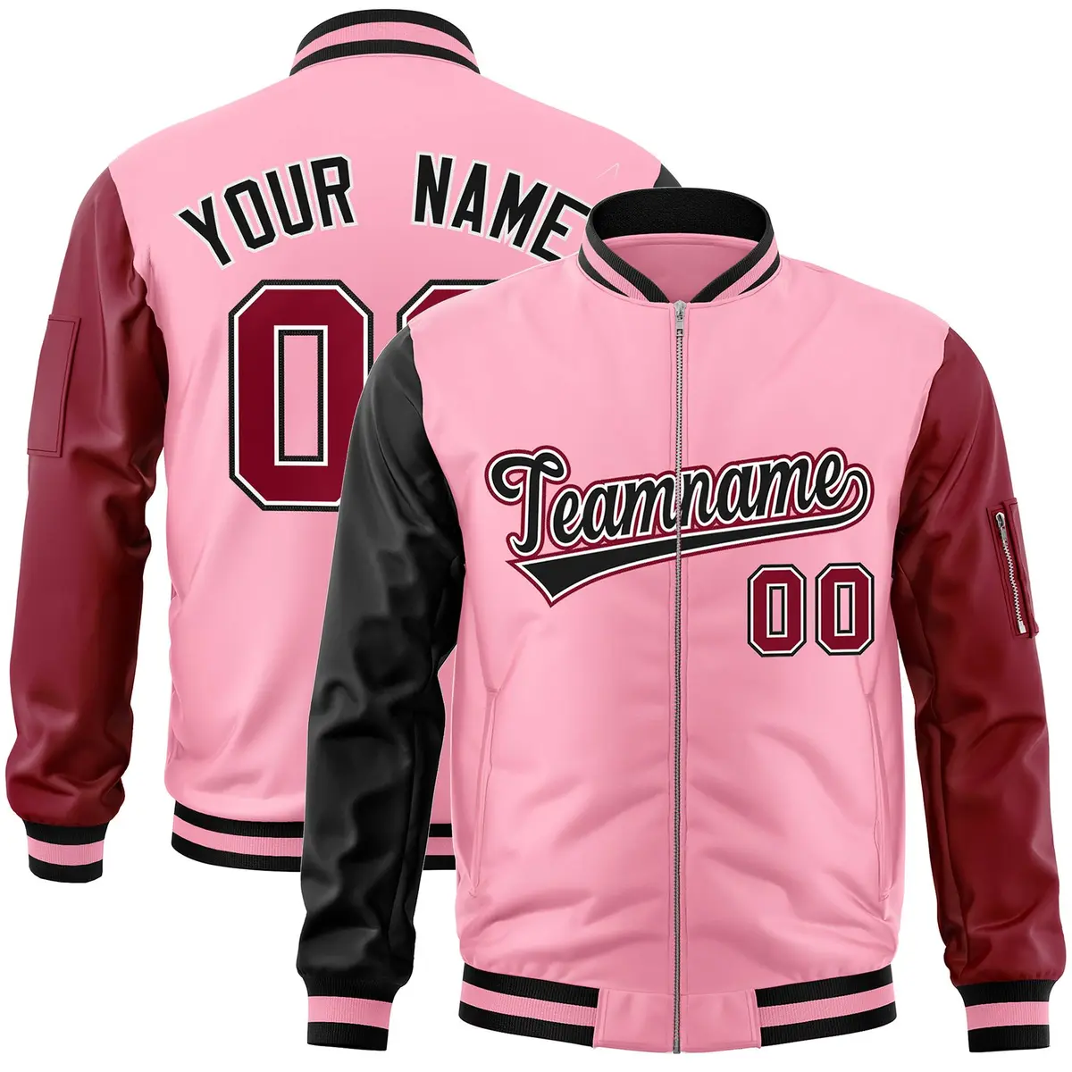 Light Pink Crimson-Black Varsity Raglan Letterman Bomber Jacket