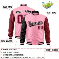 Light Pink Crimson-Black Varsity Raglan Letterman Bomber Jacket 2