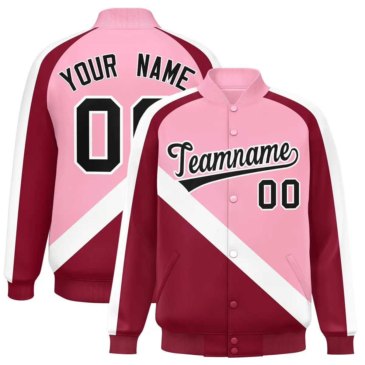 Light Pink Crimson Raglan Varsity Full-Snap Letterman Baseball Jacket