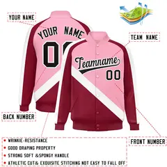 Light Pink Crimson Raglan Varsity Full-Snap Letterman Baseball Jacket 2