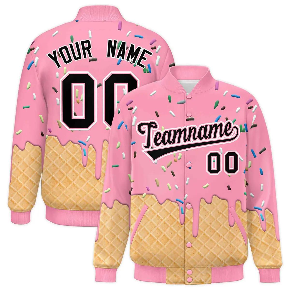 Light Pink Ice Cream Cone Graffiti Full-Snap Varsity Jacket