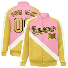 Light Pink Khaki Raglan Varsity Full-Snap Letterman Baseball Jacket 1