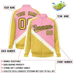 Light Pink Khaki Raglan Varsity Full-Snap Letterman Baseball Jacket 2