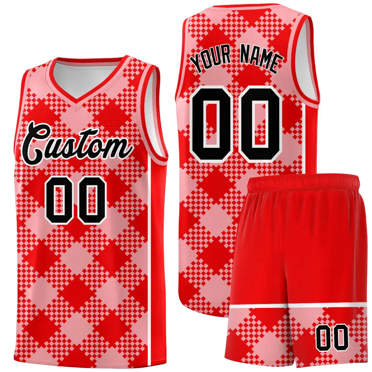 Light Pink Light Red-White Grid Basketball Kits For Team