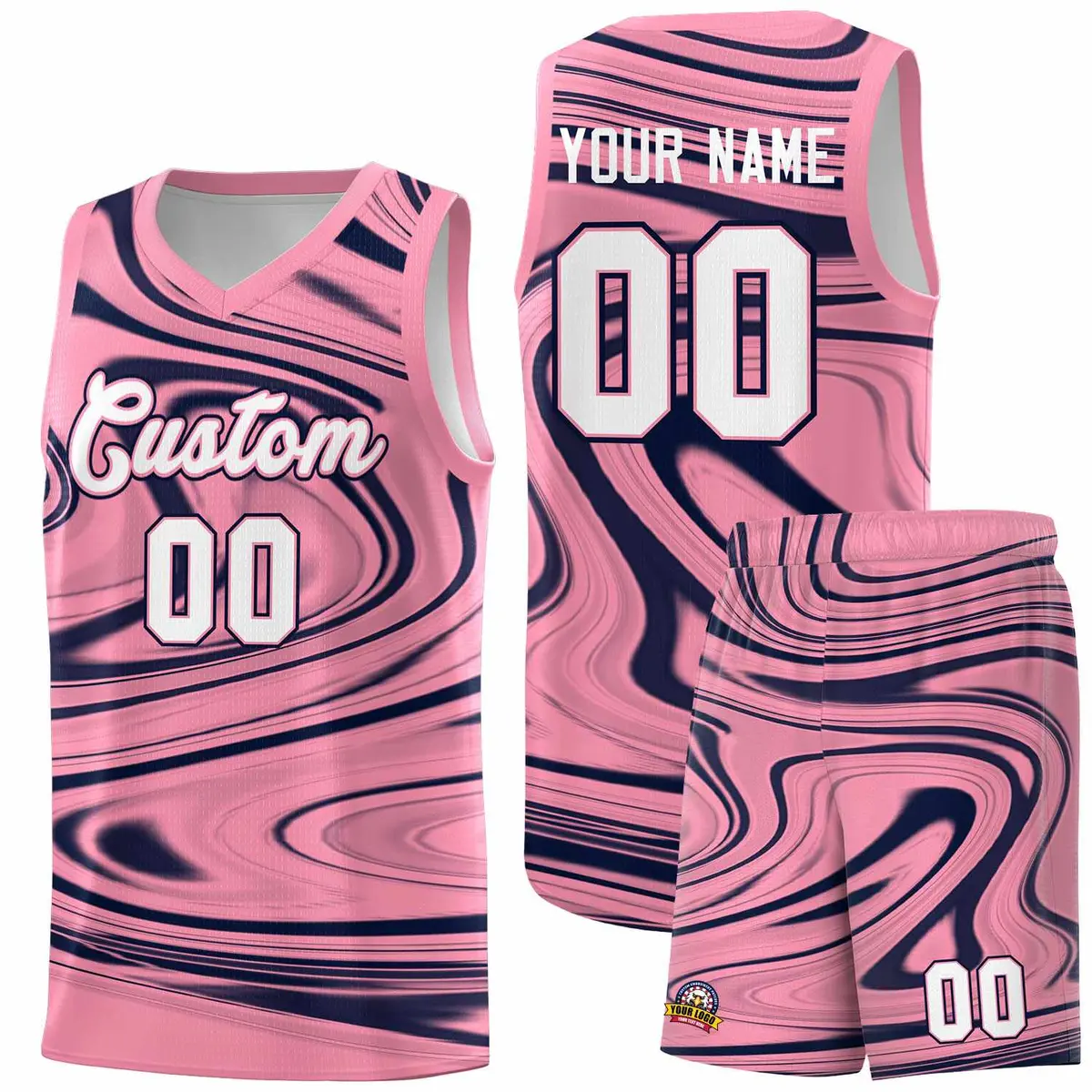 Light Pink Navy Graffiti Fluids Pattern Basketball Jersey Sets