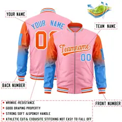 Light Pink Orange-Powder Blue Gradient Raglan Varsity Full-Zip Letterman Bomber Jacket 2