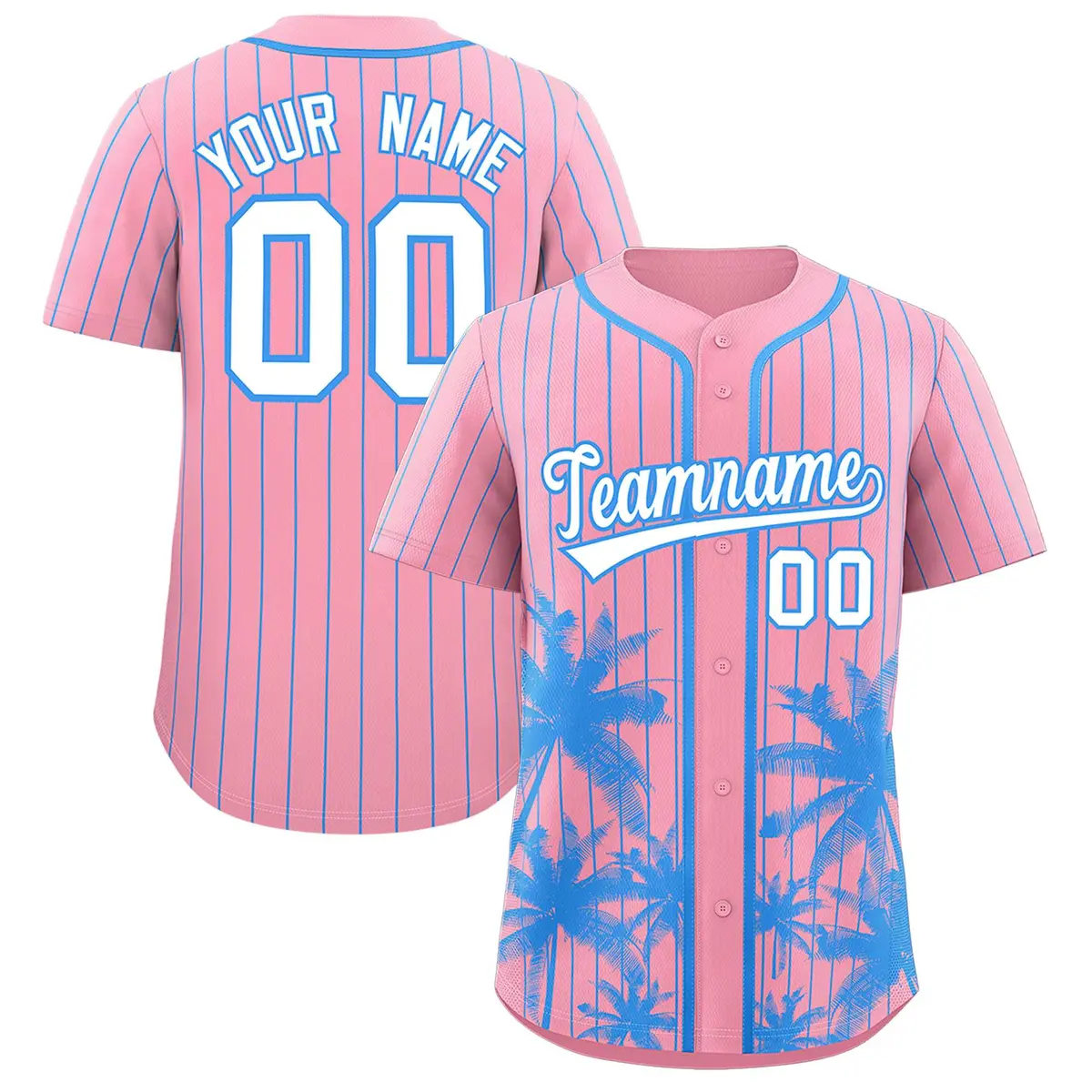 Light Pink Powder Blue Coconut Tree Pinstripe Baseball Jersey