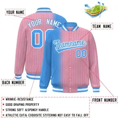 Light Pink Powder Blue Gradient Pinstripe Varsity Full-Snap Letterman Baseball Jacket 2