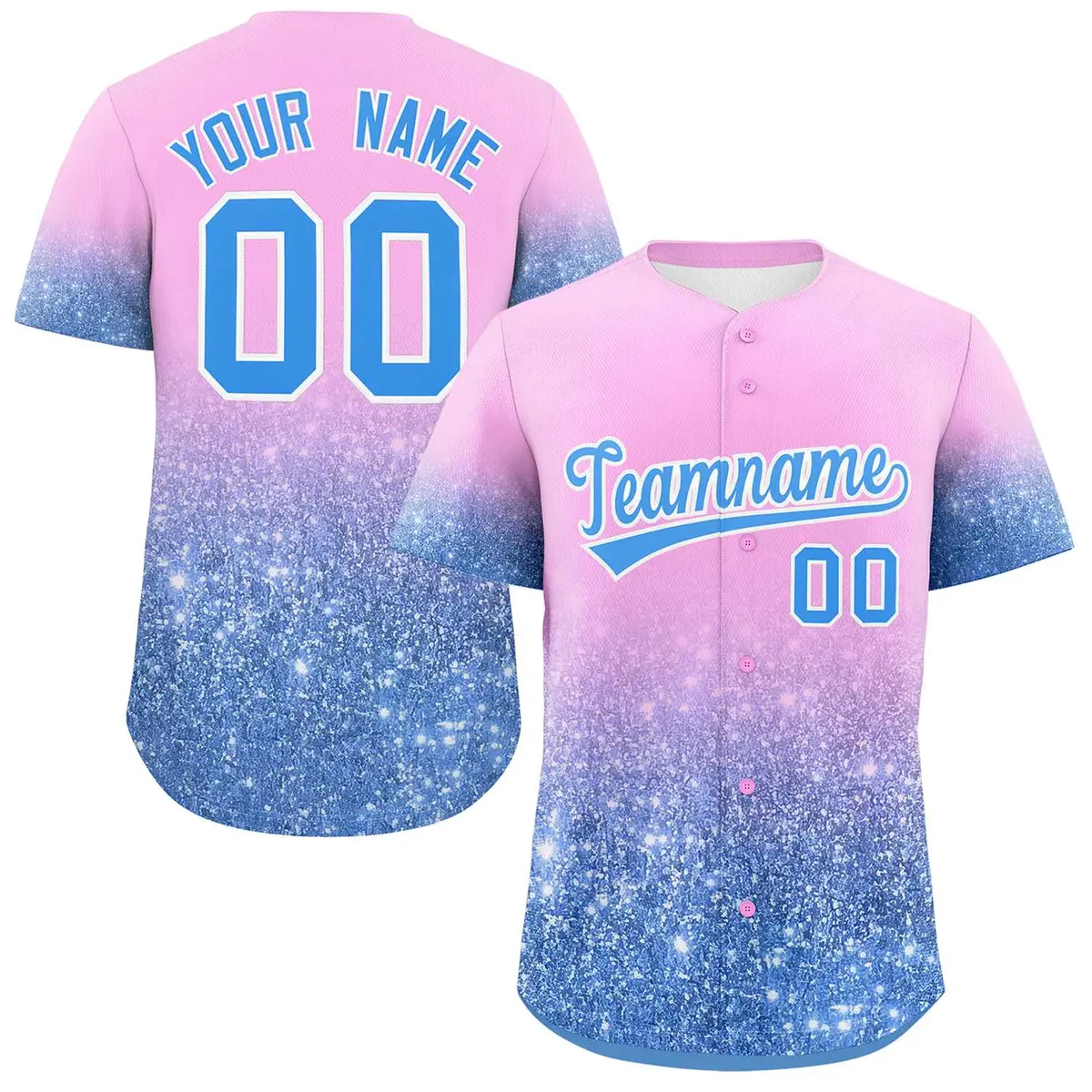 Light Pink Powder Blue Gradient Sparkle-Effect Baseball Jersey