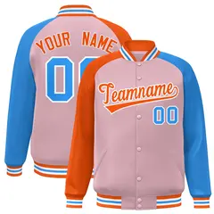 Light Pink Powder Blue-Orange Varsity Raglan Letterman Bomber Jacket