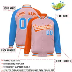 Light Pink Powder Blue-Orange Varsity Raglan Letterman Bomber Jacket 2