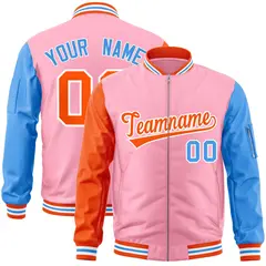 Light Pink Powder Blue-Orange Varsity Raglan Letterman Bomber Jacket