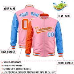 Light Pink Powder Blue-Orange Varsity Raglan Letterman Bomber Jacket 2