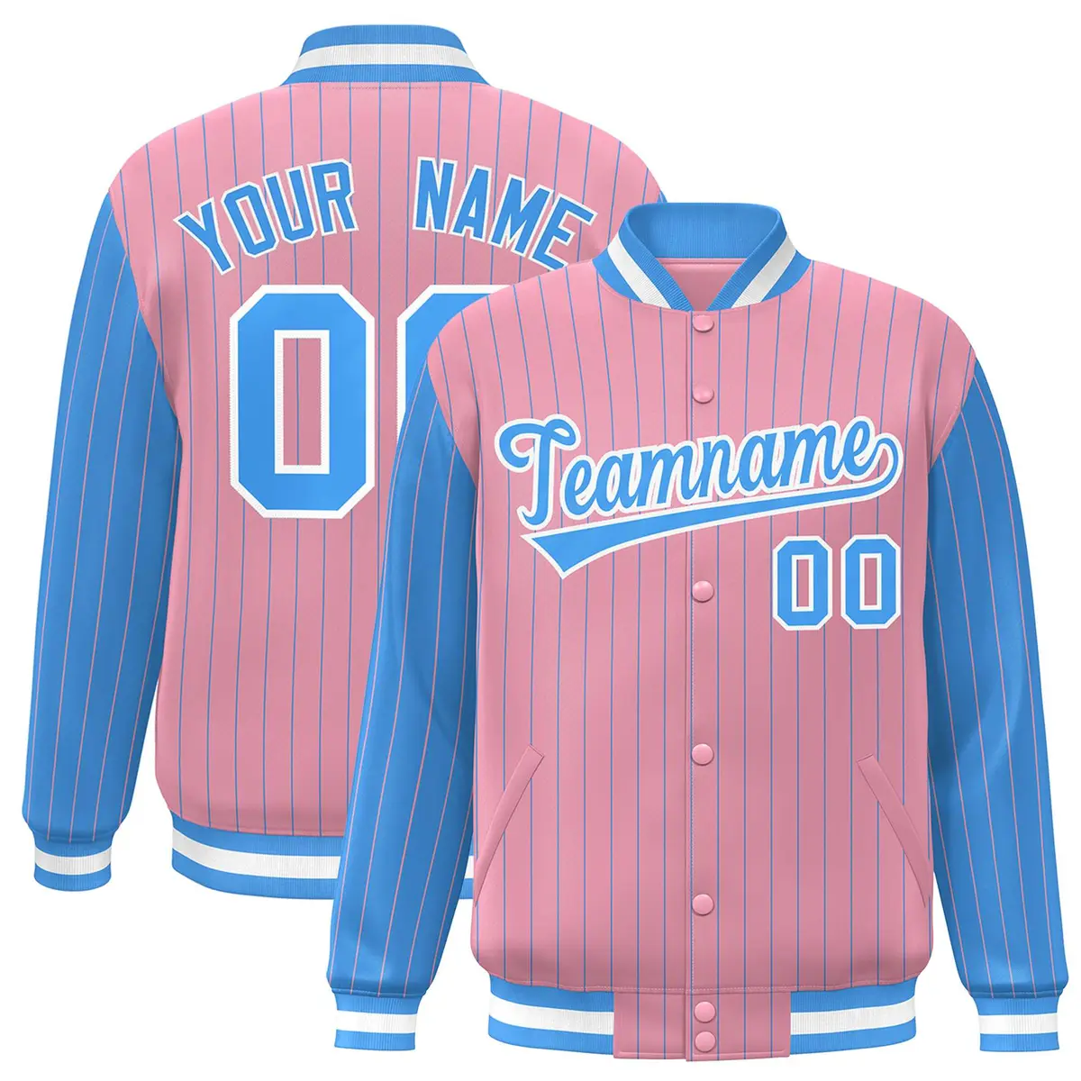 Light Pink Powder Blue Pinstripe Raglan Varsity Letterman Baseball Jacket