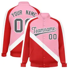 Light Pink Red Raglan Full-Snap Letterman Baseball Jacket 1