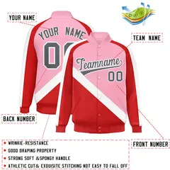 Light Pink Red Raglan Full-Snap Letterman Baseball Jacket 2