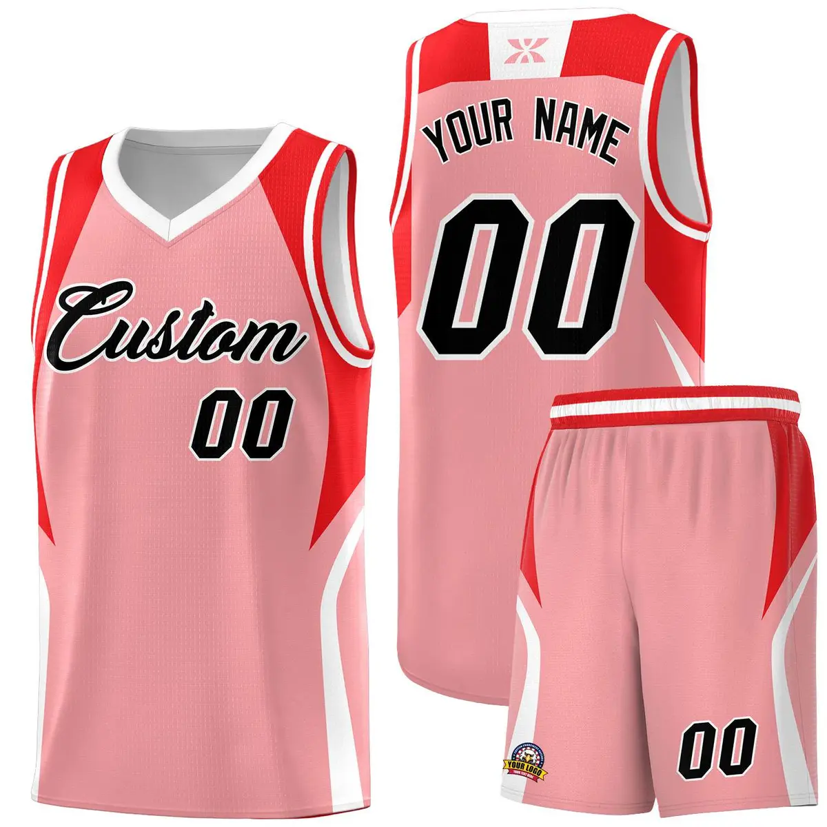 Light Pink Red White Color Block Basketball Jersey