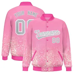 Light Pink Sparkle-Effect Varsity Full-Snap Letterman Baseball Jacket