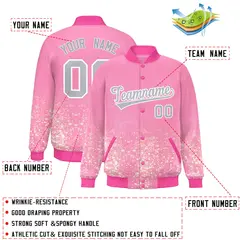 Light Pink Sparkle-Effect Varsity Full-Snap Letterman Baseball Jacket 2