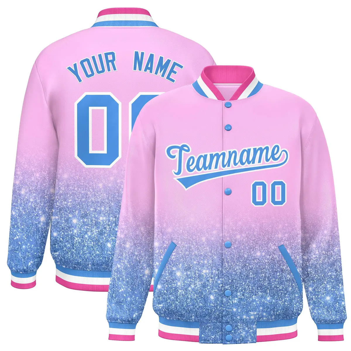 Light Pink Sparkle-Effect Varsity Full-Snap Letterman Baseball Jacket