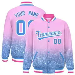 Light Pink Sparkle-Effect Varsity Full-Snap Letterman Baseball Jacket