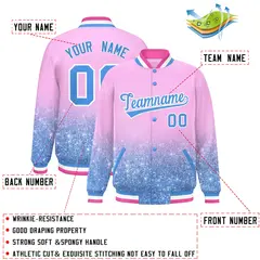 Light Pink Sparkle-Effect Varsity Full-Snap Letterman Baseball Jacket 2