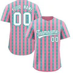 Light Pink Teal Thick Stripes Star Pattern Baseball Jersey 1