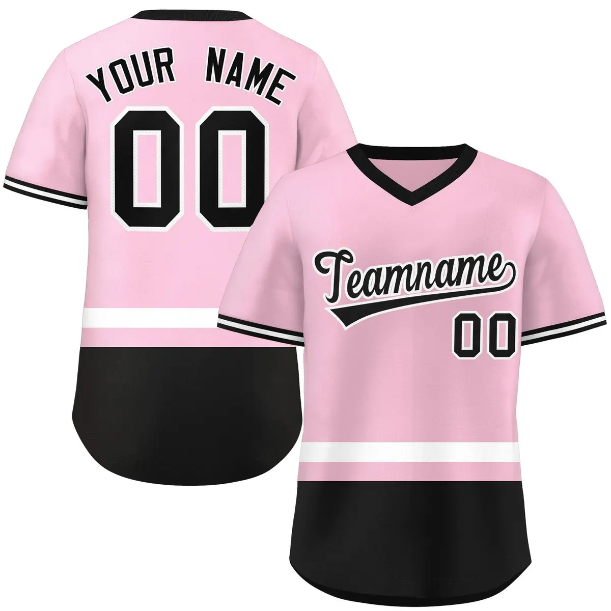 Light Pink White-Black Color Block V-Neck Baseball Jersey