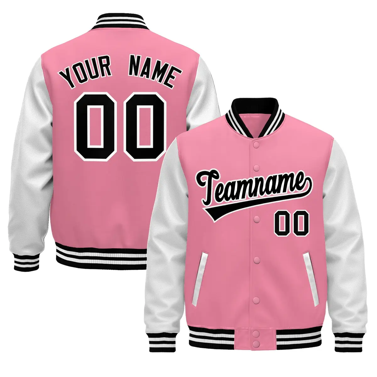Light Pink White Black Full-Snap Varsity Faux Leather Letterman Jacket
