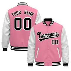 Light Pink White Black Full-Snap Varsity Faux Leather Letterman Jacket 1