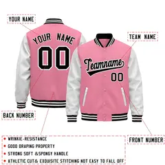 Light Pink White Black Full-Snap Varsity Faux Leather Letterman Jacket 2