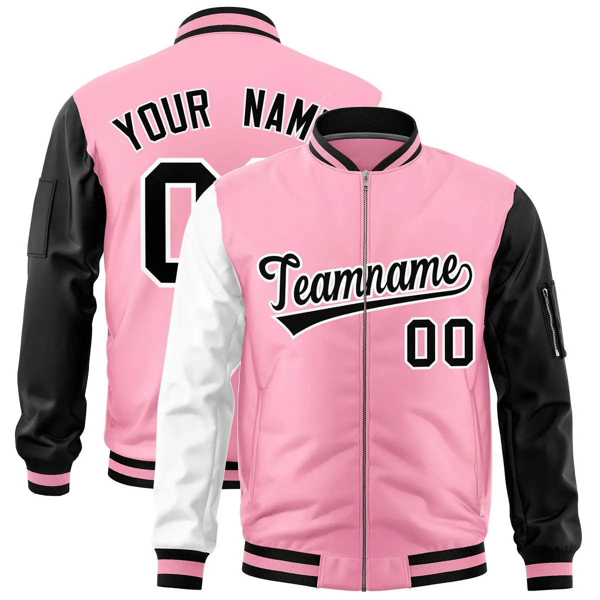 Light Pink White Black Varsity Letterman Bomber Jacket Full-Zip Raglan