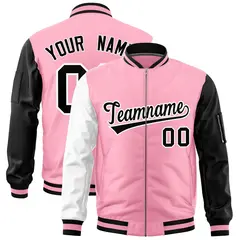 Light Pink White Black Varsity Letterman Bomber Jacket Full-Zip Raglan