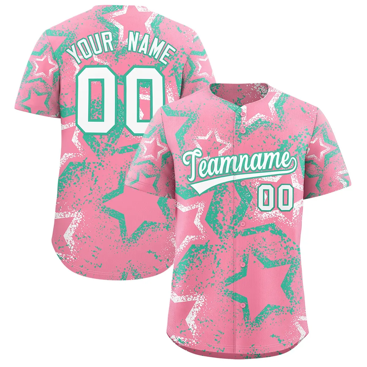 Light Pink White Bright Green Star-Shaped Graffiti Ink Baseball Jersey