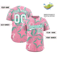 Light Pink White Bright Green Star-Shaped Graffiti Ink Baseball Jersey 2