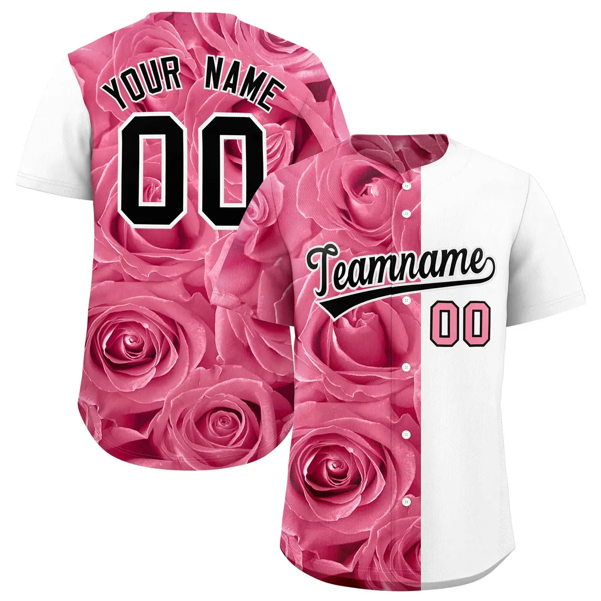 Light Pink White Rose Print Split Baseball Jersey